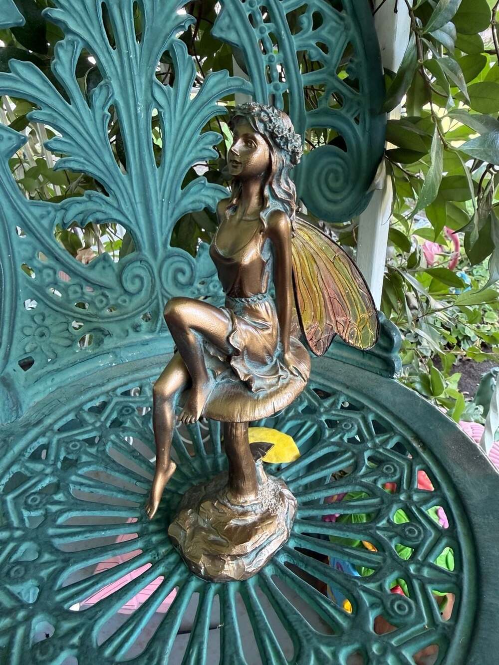 Whimsical Suffolk Fairy Statue Bronze Resin Sitting Fairycore  Figurine 10”